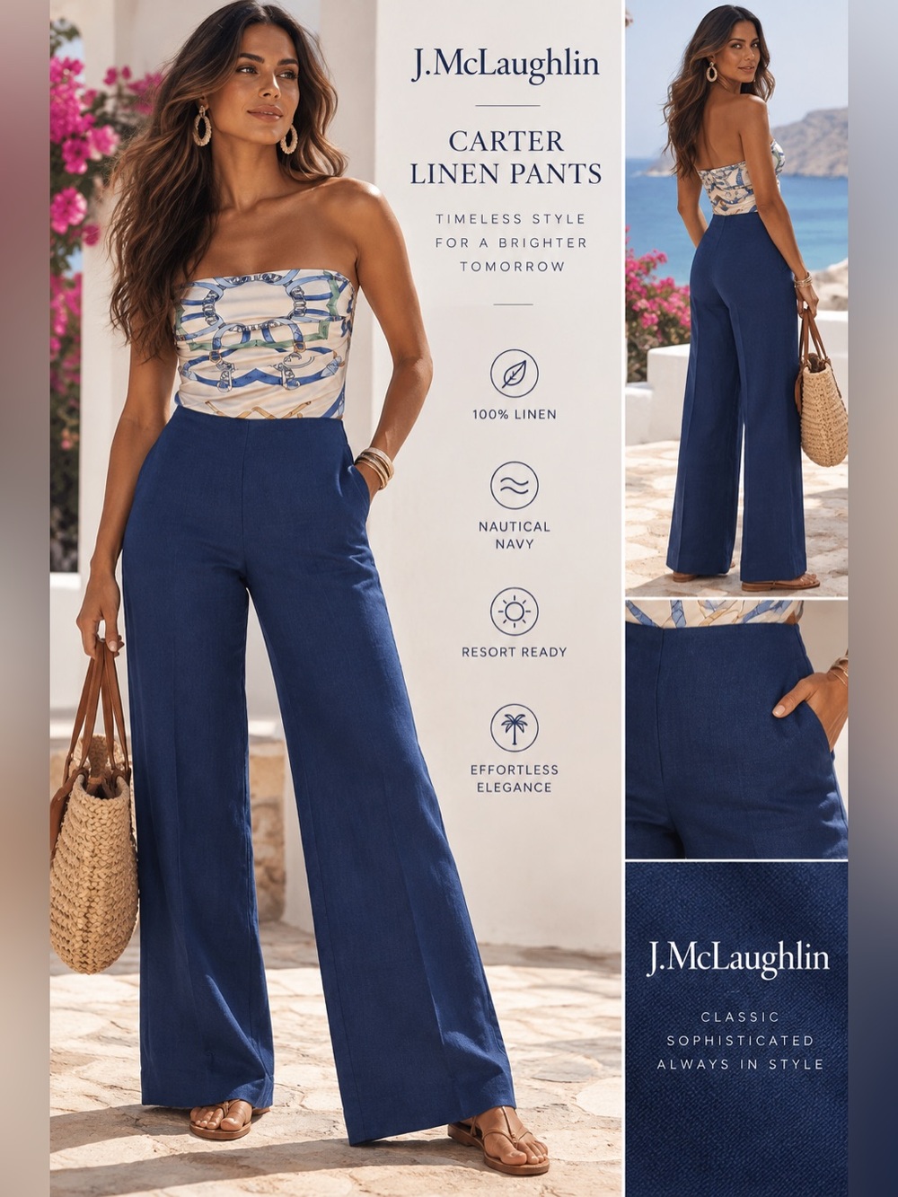 J.McLaughlin Carter 100% Linen Wide Leg Pants – Nautical Navy – Size 12